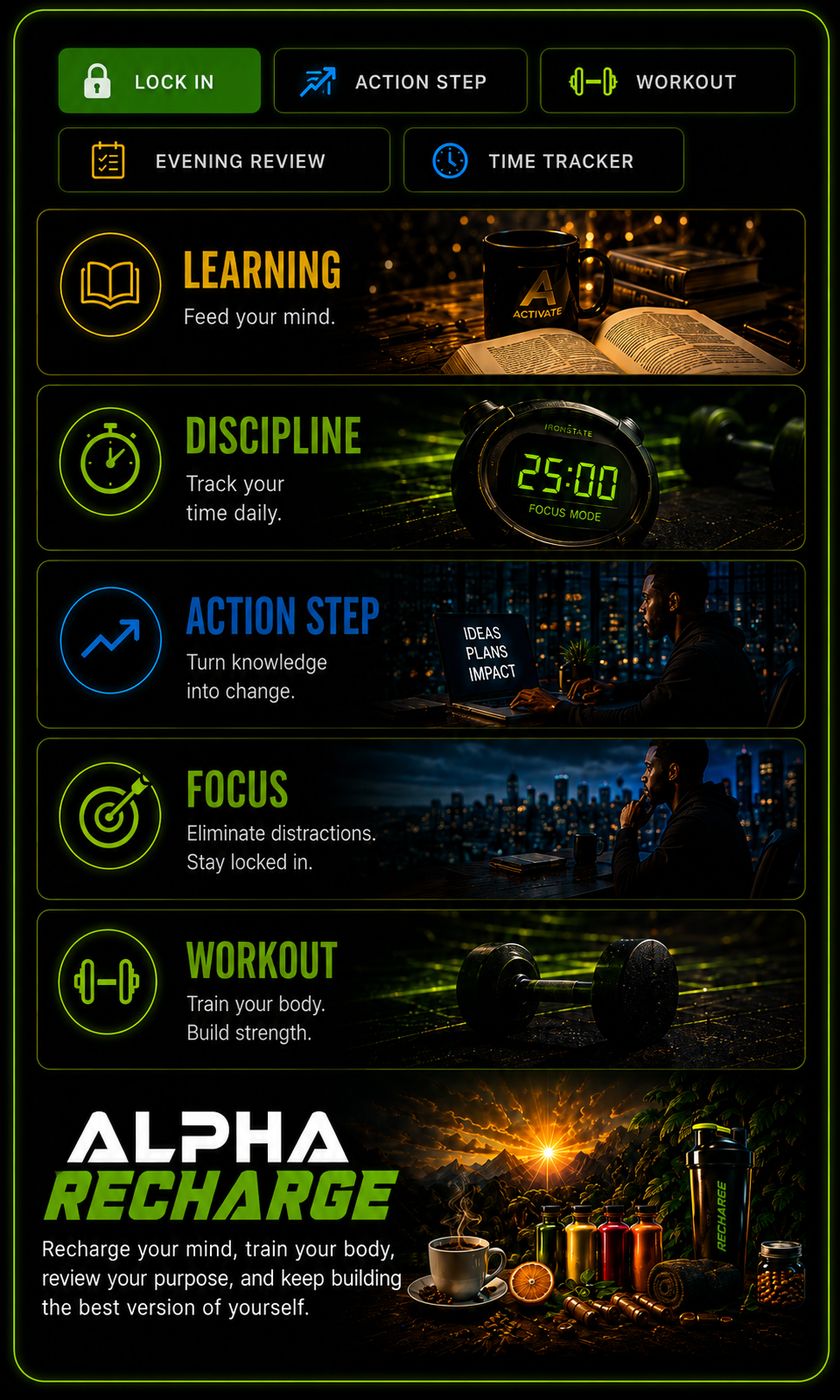 ALPHA RECHARGE. Recharge your focus and keep moving forward.