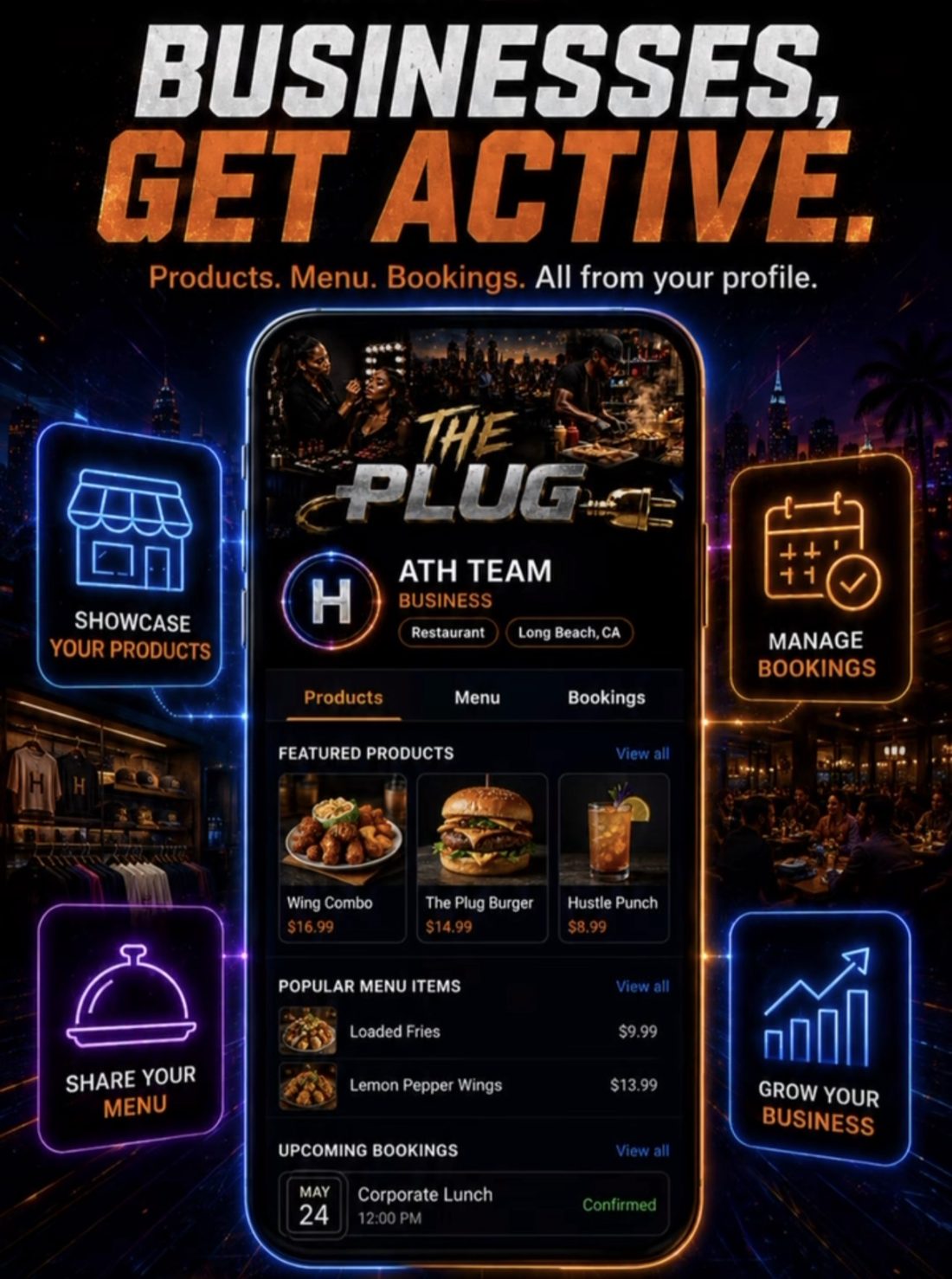 A business profile on The Plug with products, menu and bookings